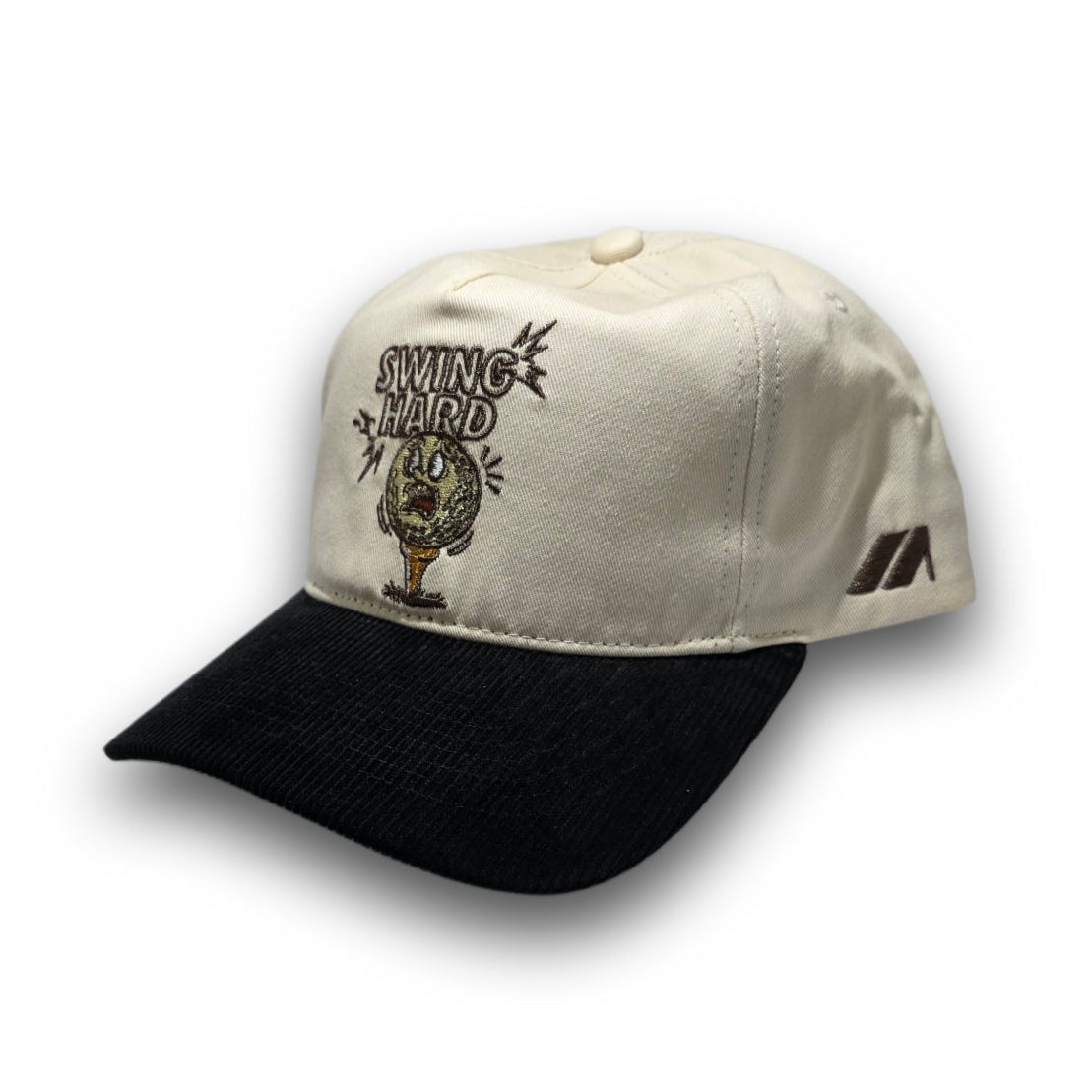 Swing Hard vintage golf hat with embroidered trophy design and corduroy visor