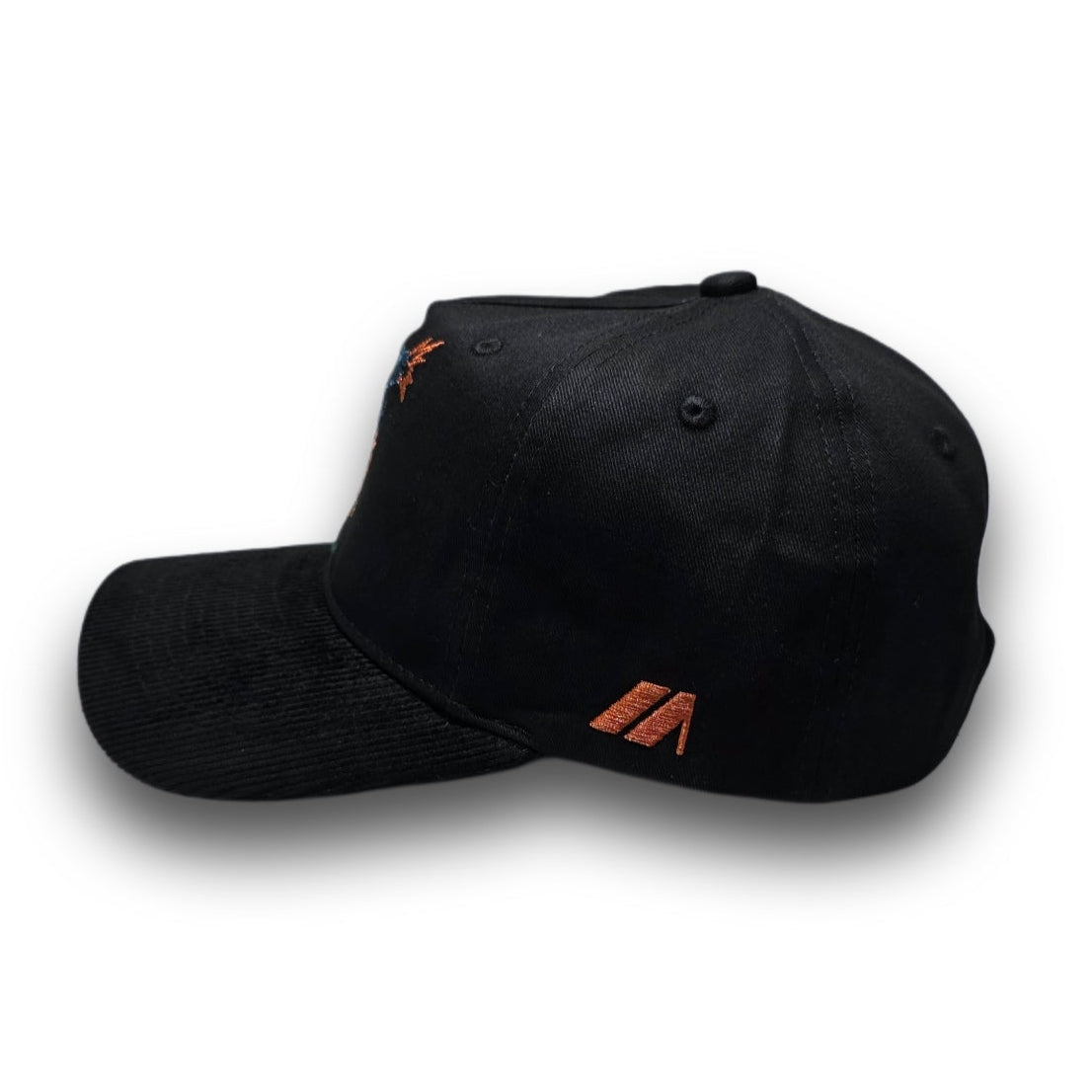 Side profile of black Swing Hard golf hat with corduroy visor