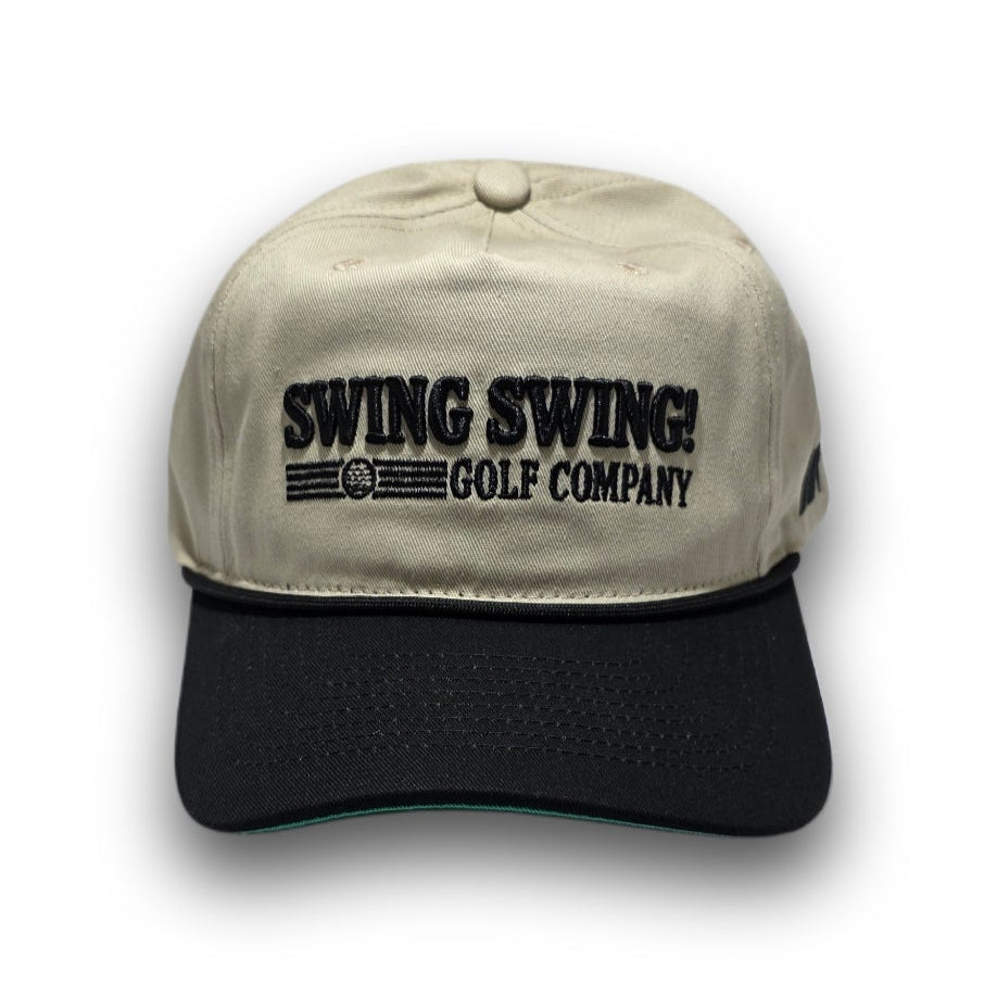 Front view of beige and black Script Logo vintage golf hat