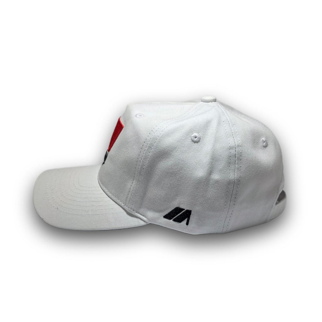Side profile of white 80s vintage golf hat