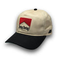 Beige and black 80s vintage golf hat with red woven Swing Swing! patch