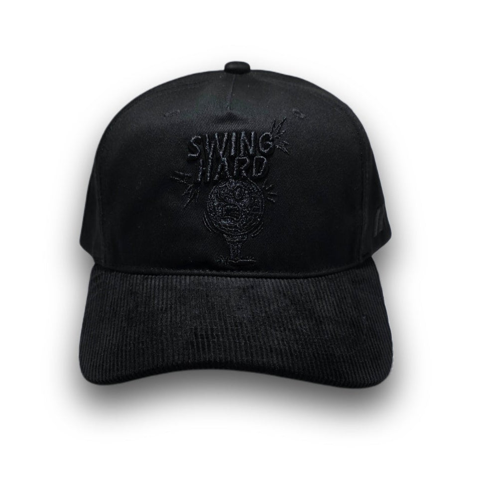 Front view of tonal black Swing Hard golf hat