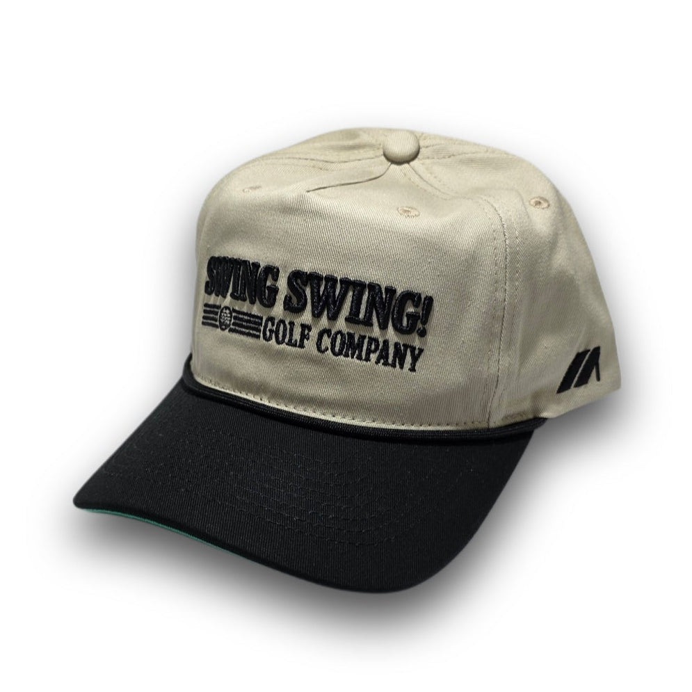 Beige and black Script Logo vintage golf hat with embroidered Swing Swing! logo