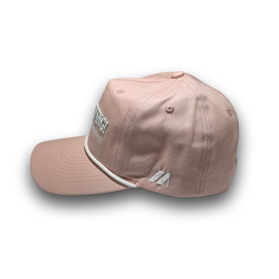 Side profile of pink Script Logo golf hat with corduroy visor