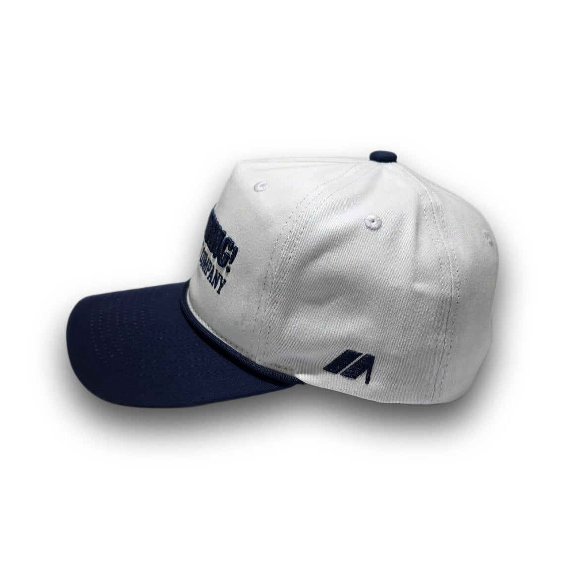 Side profile of white and navy Script Logo golf hat with corduroy visor