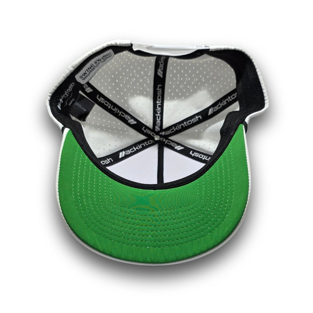 Kelly green undervisor and perforated rear panels on Script Logo white A-Frame golf hat