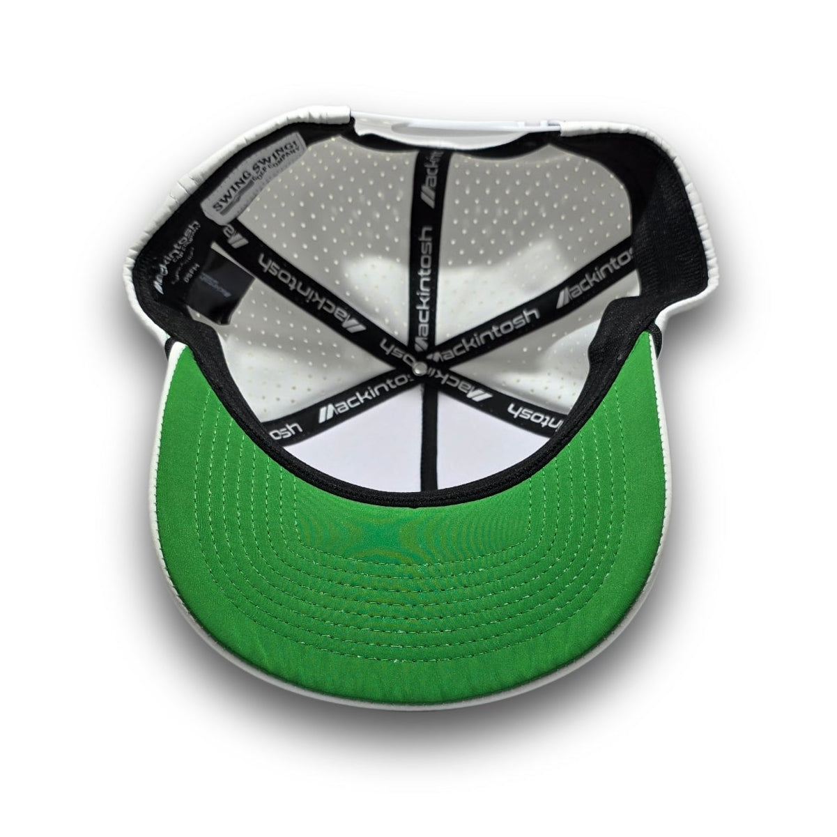 Kelly green undervisor and perforated rear panels on Script Logo white A-Frame golf hat
