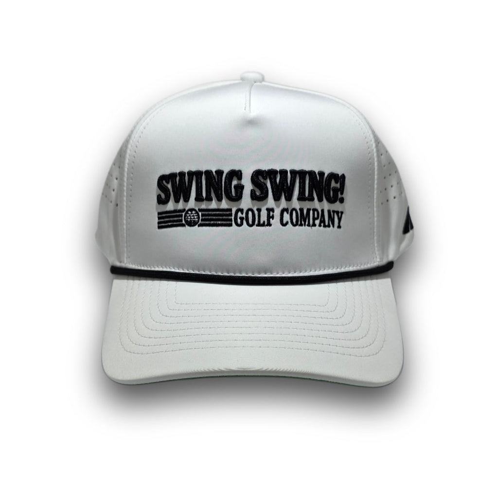Front view of Script Logo white A-Frame golf hat