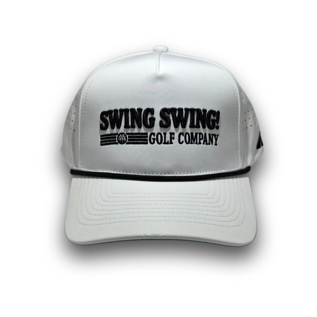 Front view of Script Logo white A-Frame golf hat