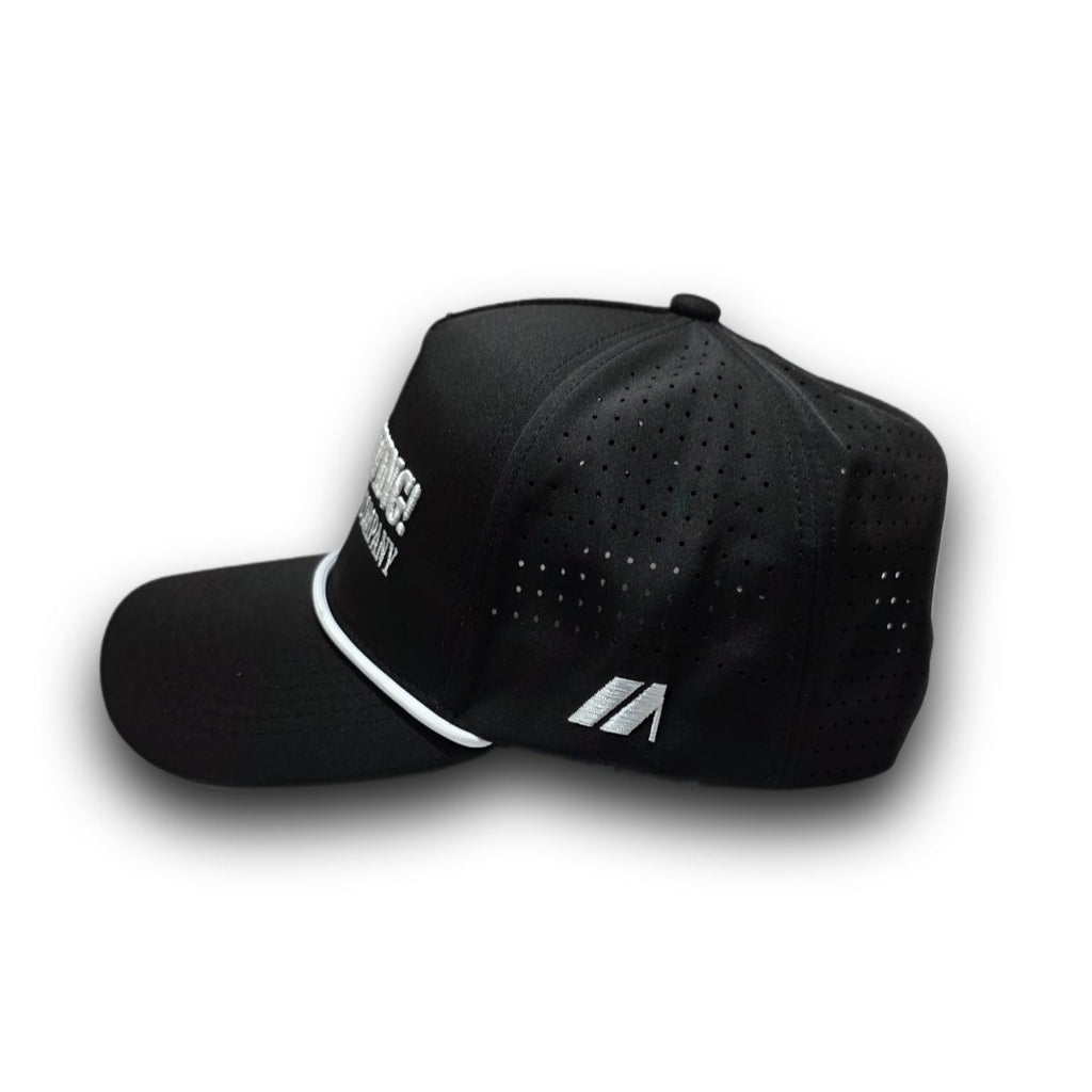 Side profile of black waterproof A-Frame golf hat