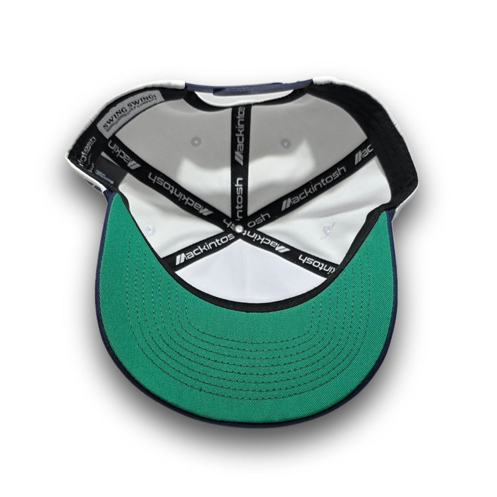 Kelly green undervisor on white and navy Script Logo vintage golf hat