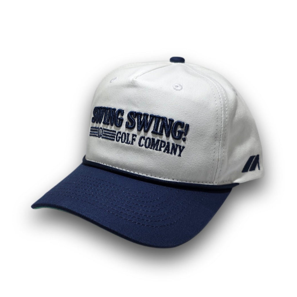 White and navy Script Logo vintage golf hat with embroidered Swing Swing! logo