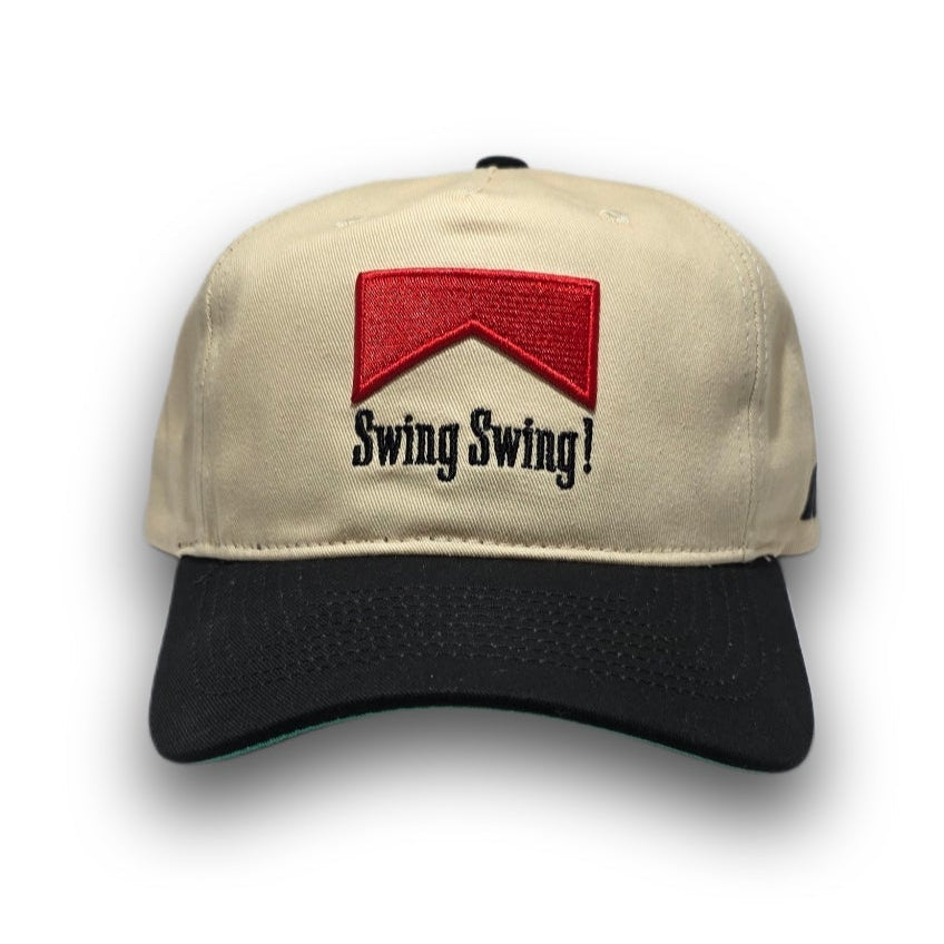 Front view of 80s beige and black vintage golf hat