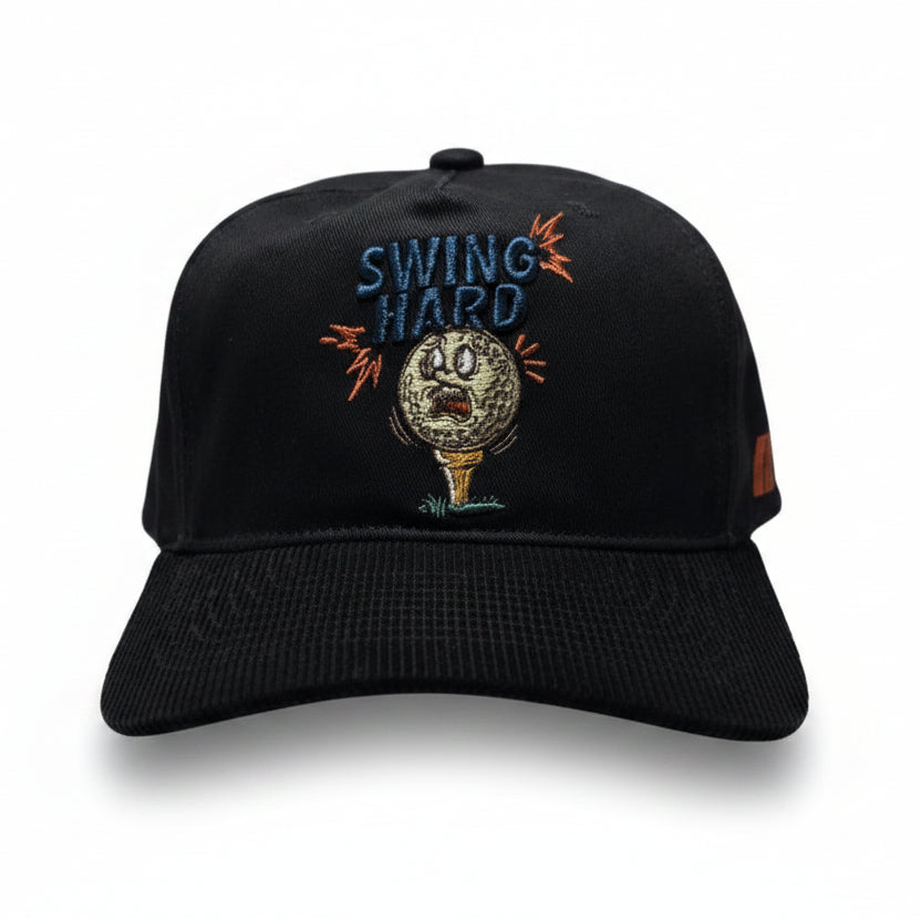 Front view of black Swing Hard vintage golf hat