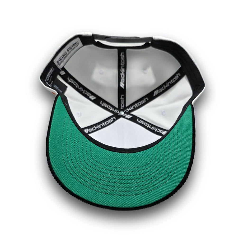 Kelly green undervisor on white and black Swing Hard vintage golf hat