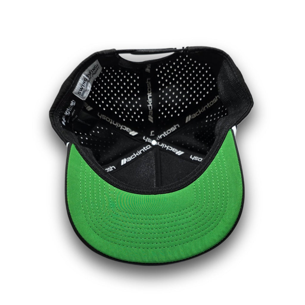 Kelly green undervisor and perforated rear panels on Script Logo black A-Frame golf hat