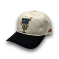 Beige and black Swing Hard vintage golf hat with embroidered golf ball design
