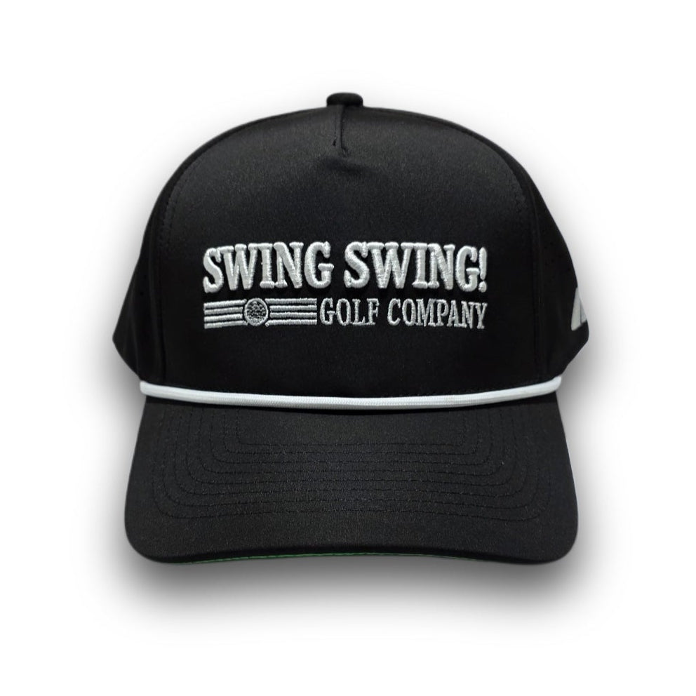 Front view of Script Logo black A-Frame golf hat