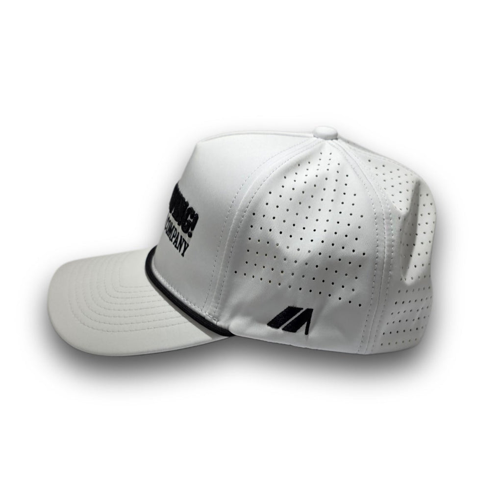 Side profile of white waterproof A-Frame golf hat