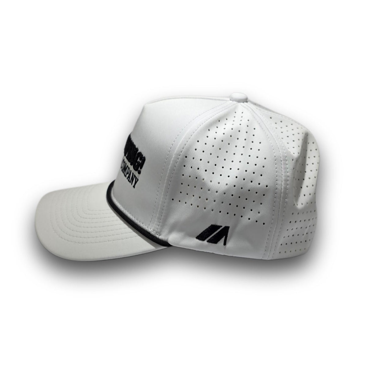 Side profile of white waterproof A-Frame golf hat