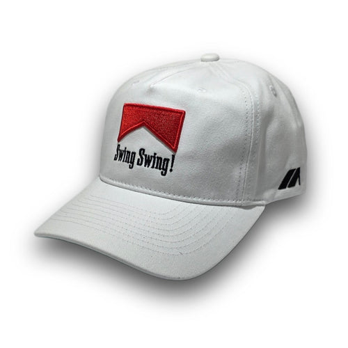 White 80s vintage golf hat with red woven Swing Swing! patch