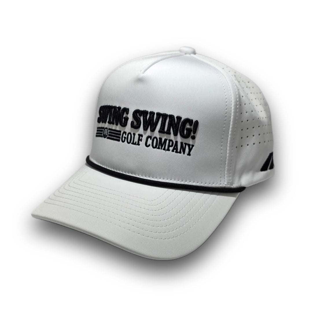 Script Logo white A-Frame golf hat with embroidered Swing Swing! logo