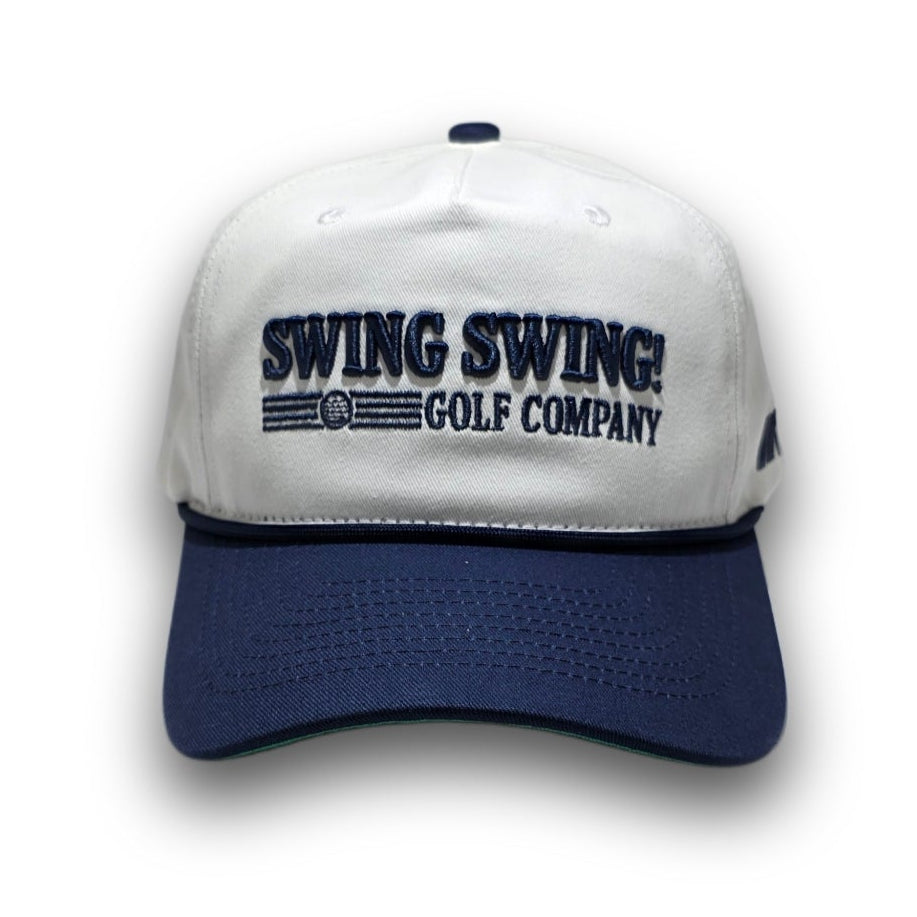 Front view of white and navy Script Logo vintage golf hat